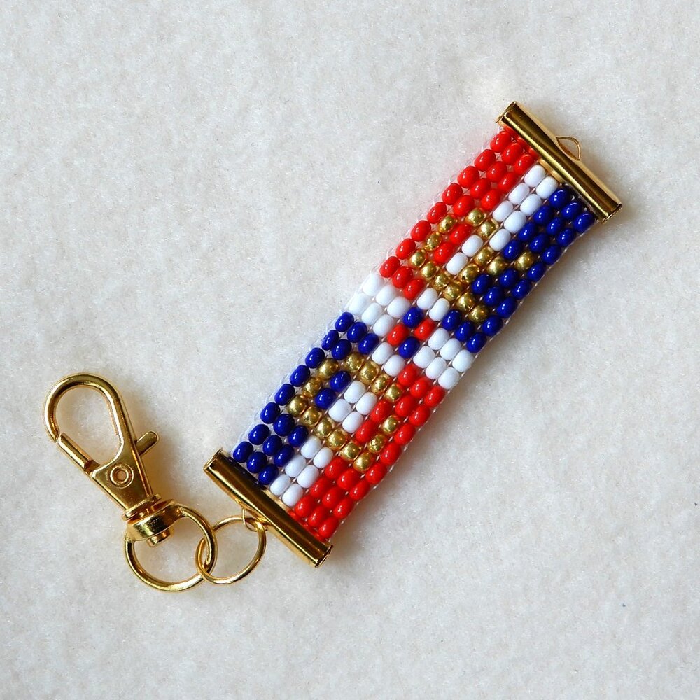 Dominican Republic DR flag bead keychain / bag charm, handmade, 30% to charity